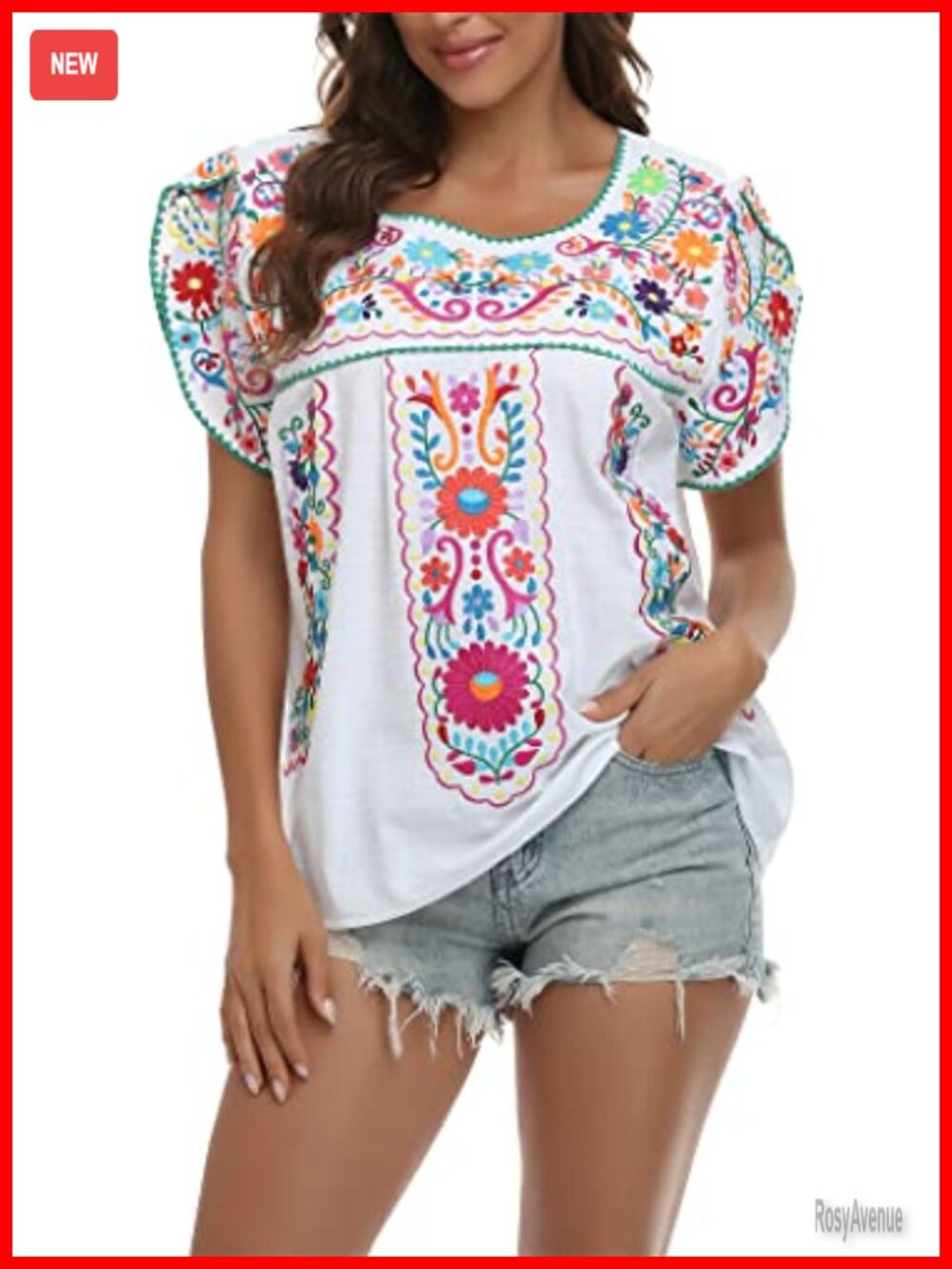 Womens Embroidered Peasant Blouse Flutter Sleeve Boho Summer Vacation Top